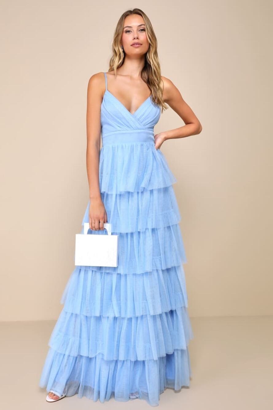 NWT Lulus Rule the Runway Light Blue Tulle Surplice Tiered Maxi Dress Gala Sz M